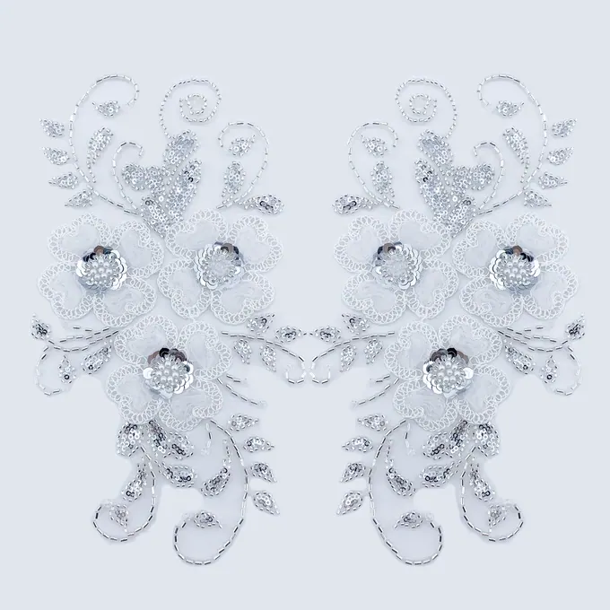 Paired silver floral scroll appliqués · MET-5003 — product view